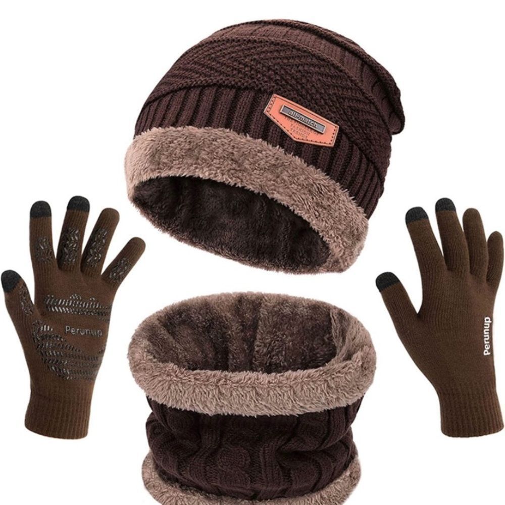 Brown Hat Scarf Gloves Set Beanie Hat Knit Skull Caps  Neck Warmer for M…​​
